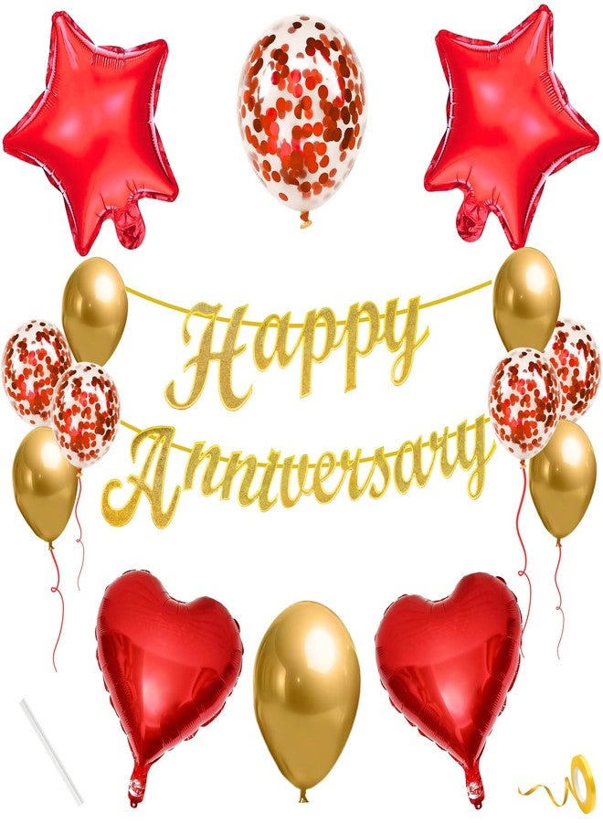 Flyloons طقم زينة فلاي لونز للاحتفال بالذكرى السنوية باللونين الأحمر والذهبي للرجال والنساء والزوج والزوجة، يتضمن 10 بالونات مليئة بالقصاصات الورقية، لافتة للذكرى السنوية، و4 قطع من مجموعة النجوم والقلوب. - Image 1